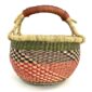 Front view of the small round Bolga basket with red checks under green and navy bands, on a white background