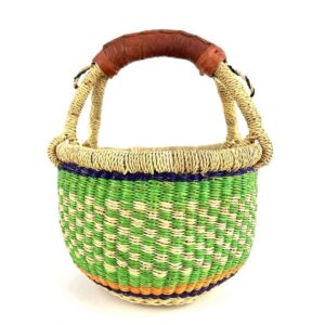 Front view of the small round Bolga basket with a chequered body in fresh, bright tones