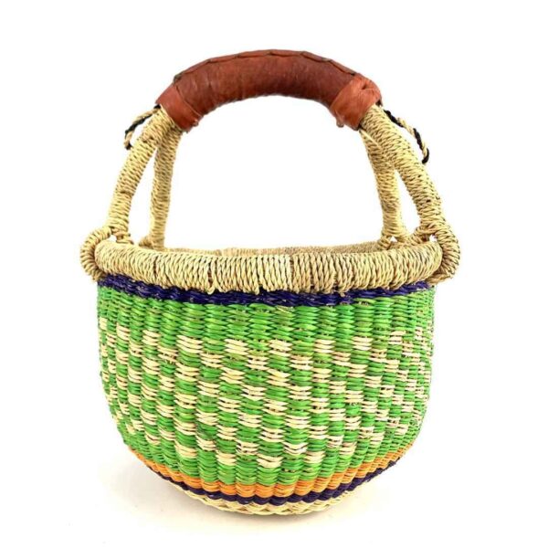 small-round-bolga-basket-709-afia-bashiri-2 Front view of the small round Bolga basket with a chequered body in fresh, bright tones
