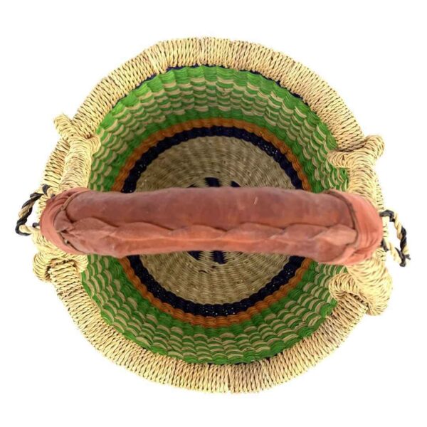 small-round-bolga-basket-709-afia-bashiri-3 Top view of the small round Bolga basket showing the coiled base and leather-wrapped handle