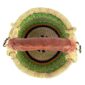 Top view of the small round Bolga basket showing the coiled base and leather-wrapped handle