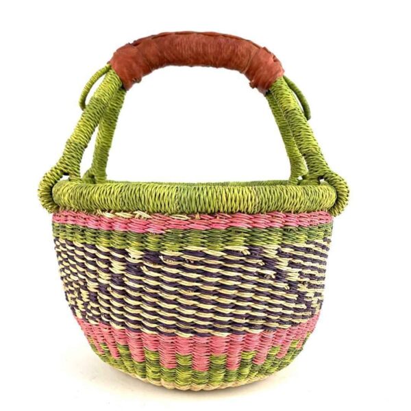 small-round-bolga-basket-710-kwaku-bashiri-2 Front view of the small round Bolga basket with a diagonal pattern between bright bands