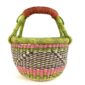 Front view of the small round Bolga basket with a diagonal pattern between bright bands