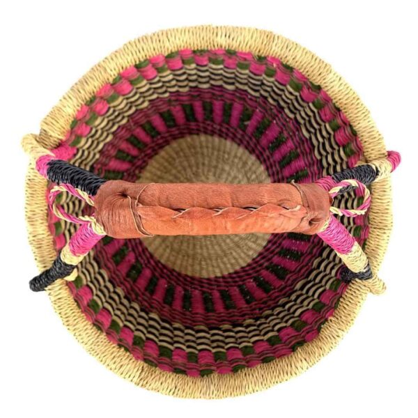 small-round-bolga-basket-714-kofi-bashiri-3 Top view of the small round Bolga basket showing the coiled base and leather-wrapped handle