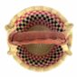 Top view of the small round Bolga basket showing the coiled base and leather-wrapped handle