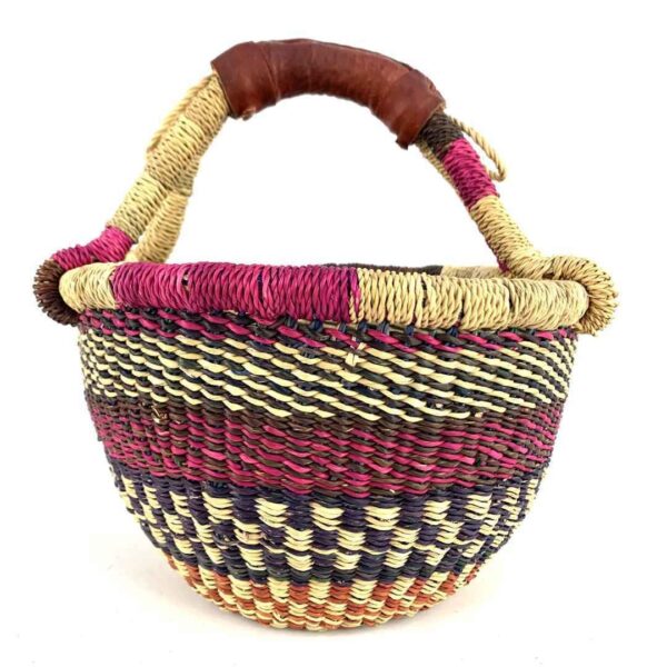 small-round-woven-basket-708-yaw-bashiri-2 Front view of the small round Bolga basket with bands and checked detail in deep, warm tones