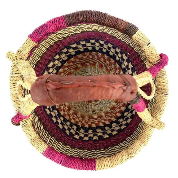 small-round-woven-basket-708-yaw-bashiri-3 Top view of the small round Bolga basket showing the coiled base and leather-wrapped handle