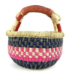 Front view of the small round Bolga basket with a bright chequered band framed in deep tones