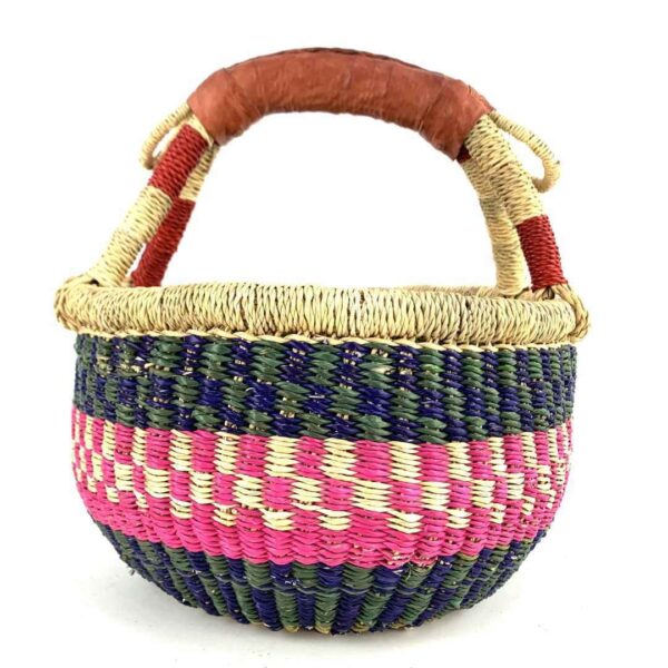 small-round-woven-basket-712-kweku-bashiri-2 Front view of the small round Bolga basket with a bright chequered band framed in deep tones