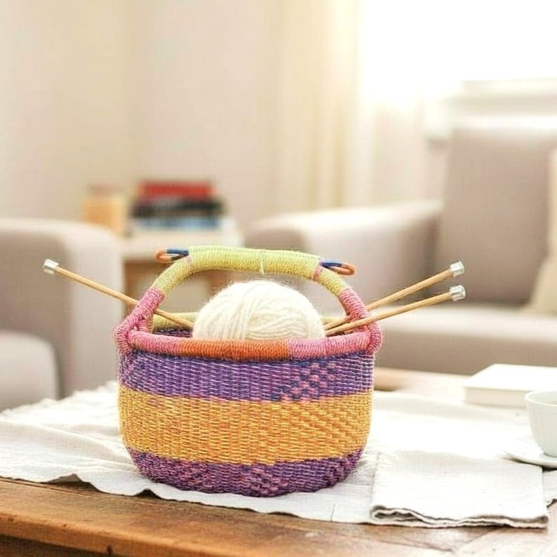 colourful round woven vegan basket for home decor