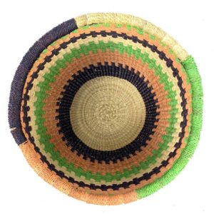 uba-basket-277-summit-green-coral-round-storage-bolga-bashiri-2 Top view inside the round Bolga storage basket with lime green, coral and navy bands and no handles