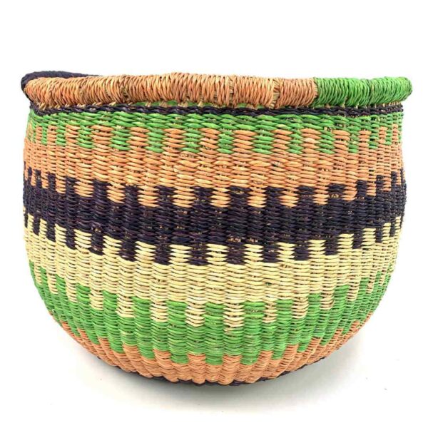 uba-basket-277-summit-green-coral-round-storage-bolga-bashiri-3 Front view of the round Bolga storage basket with lime green, coral and navy bands and no handles on a white background