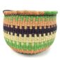 Front view of the round Bolga storage basket with lime green, coral and navy bands and no handles on a white background