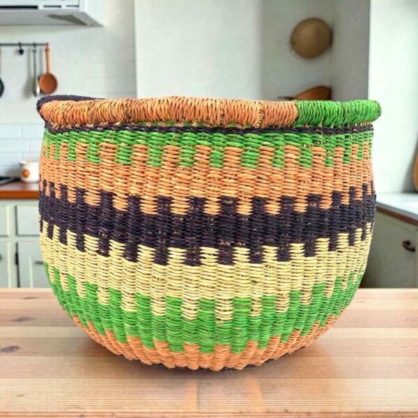 uba-basket-277-summit-green-coral-round-storage-bolga-bashiri-main Round Bolga storage basket with lime green, coral and navy bands and no handles