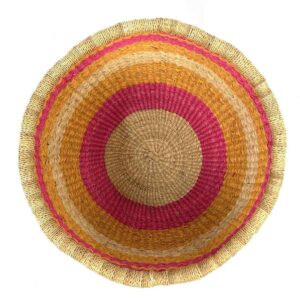 uba-basket-278-sideshow-pink-orange-round-storage-woven-bashiri-2 Top view inside the round Bolga storage basket with pink, orange and yellow bands on natural straw and no handles