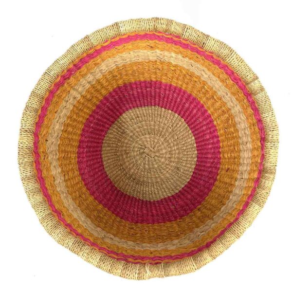uba-basket-278-sideshow-pink-orange-round-storage-woven-bashiri-2 Top view inside the round Bolga storage basket with pink, orange and yellow bands on natural straw and no handles