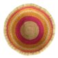 Top view inside the round Bolga storage basket with pink, orange and yellow bands on natural straw and no handles