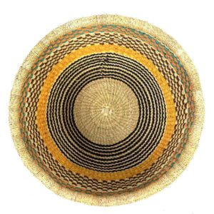 uba-basket-279-sahel-black-mustard-round-storage-african-bashiri-2 Top view inside the round Bolga storage basket with a black and natural check, a mustard band and a teal and orange rim band, with no handles