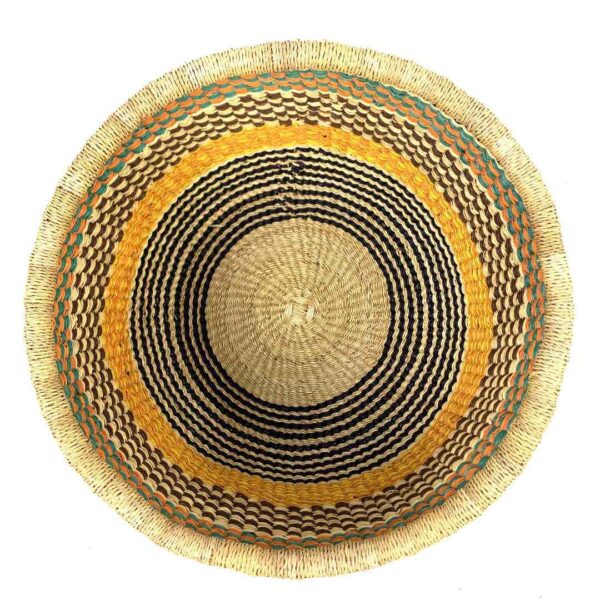 uba-basket-279-sahel-black-mustard-round-storage-african-bashiri-2 Top view inside the round Bolga storage basket with a black and natural check, a mustard band and a teal and orange rim band, with no handles