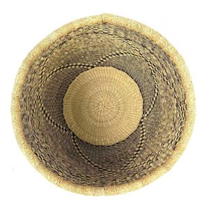 uba-basket-280-andor-black-natural-round-storage-bolga-woven-bashiri-2 Top view inside the round Bolga storage basket with a black and natural diagonal pattern and no handles