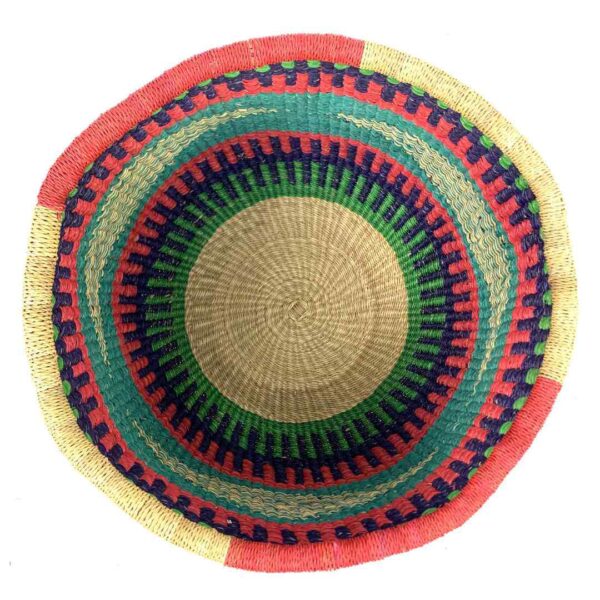 uba-basket-281-neptune-teal-red-round-storage-woven-bashiri-2 Top view inside the round Bolga storage basket with teal, red, navy and green bands with a pale diamond band, and no handles