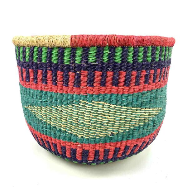 uba-basket-281-neptune-teal-red-round-storage-woven-bashiri-3 Front view of the round Bolga storage basket with teal, red, navy and green bands with a pale diamond band, and no handles on a white background