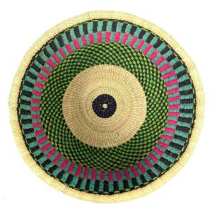 uba-basket-282-ariel-teal-pink-round-storage-african-bashiri-2 Top view inside the round Bolga storage basket with teal, navy and pink stripes and no handles