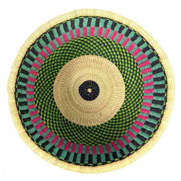 uba-basket-282-ariel-teal-pink-round-storage-african-bashiri-2 Top view inside the round Bolga storage basket with teal, navy and pink stripes and no handles
