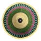 Top view inside the round Bolga storage basket with teal, navy and pink stripes and no handles