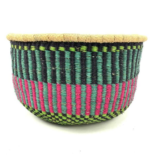 uba-basket-282-ariel-teal-pink-round-storage-african-bashiri-3 Front view of the round Bolga storage basket with teal, navy and pink stripes and no handles on a white background