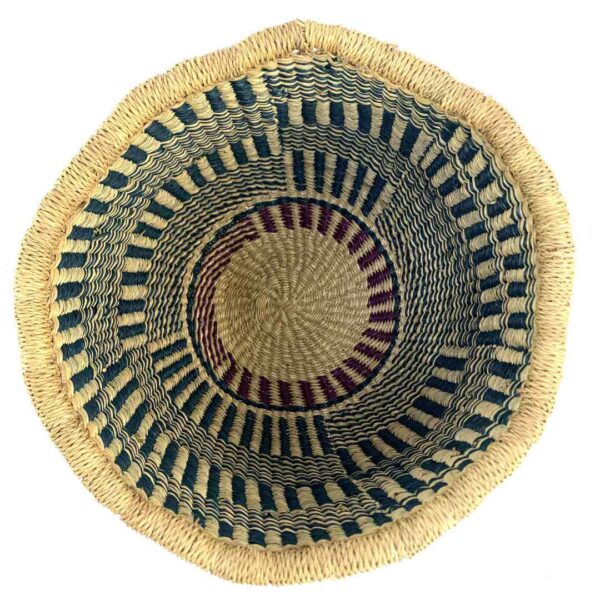 uba-basket-283-blossom-navy-natural-vegan-bolga-woven-bashiri-2 Top-down view inside the navy and natural round Bolga basket, showing the coiled base
