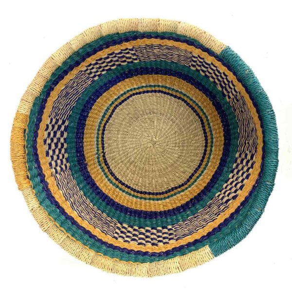 uba-basket-284-honeyjoy-teal-yellow-vegan-bolga-african-basket-bashiri-2 Top-down view inside the teal and yellow round Bolga basket, showing the coiled base