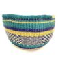 Front view of the teal and yellow round Bolga basket on a white background