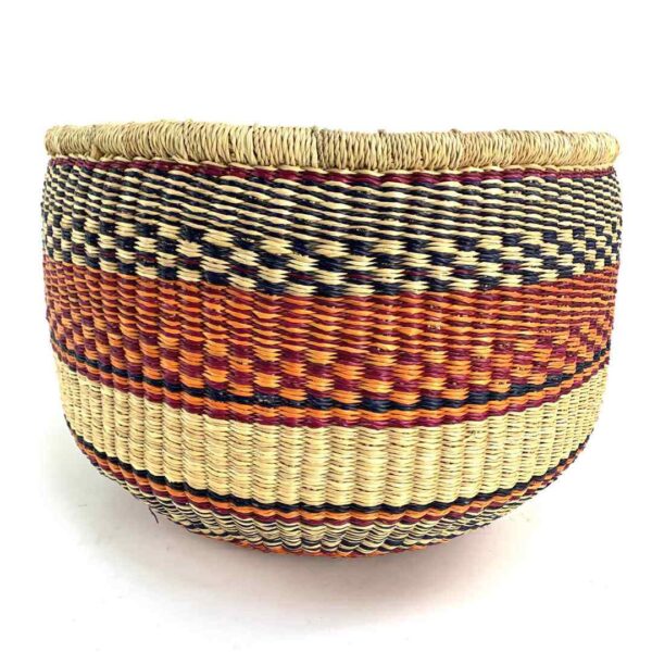 uba-basket-285-anzac-orange-black-vegan-woven-bolga-bashiri-3 Front view of the orange and black round Bolga basket on a white background