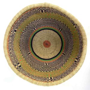 uba-basket-287-pops-green-black-vegan-bolga-woven-bashiri-2 Top-down view inside the green and black round Bolga basket, showing the coiled base