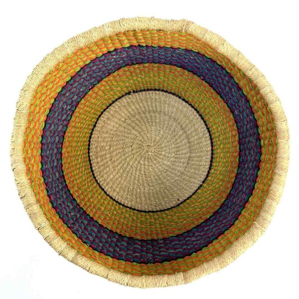 uba-basket-289-fruitpunch-yellow-purple-vegan-woven-bolga-bashiri-2 Top-down view inside the yellow and purple round Bolga basket, showing the coiled base