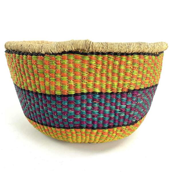 uba-basket-289-fruitpunch-yellow-purple-vegan-woven-bolga-bashiri-3 Front view of the yellow and purple round Bolga basket on a white background