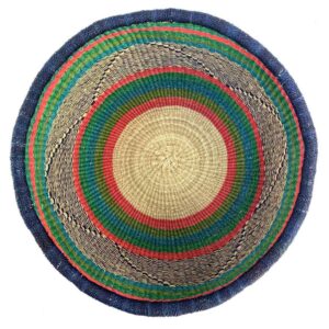 uba-basket-290-twisty-green-pink-vegan-bolga-handwoven-bashiri-2 Top-down view inside the green and pink round Bolga basket, showing the coiled base