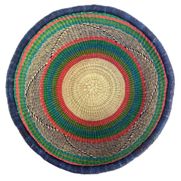 uba-basket-290-twisty-green-pink-vegan-bolga-handwoven-bashiri-2 Top-down view inside the green and pink round Bolga basket, showing the coiled base