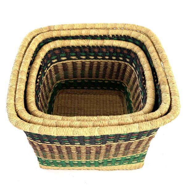 vounu-square-baskets-nested Top view of three Vounu square baskets nested inside each other, showing the woven rims and natural grass base.