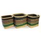 Set of three Vounu square baskets, handwoven in bands of black, brown and green with a natural elephant grass base.
