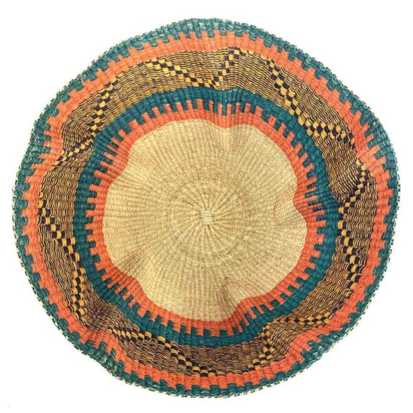 wave-basket-089-crest-teal-orange-woven-bolga-bashiri-2 Top-down view inside the teal and orange bolga wave basket, showing the coiled base