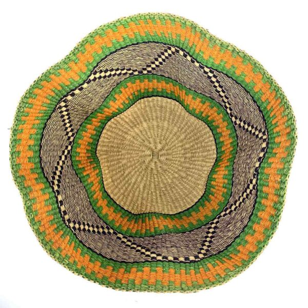 wave-basket-091-foam-green-orange-bolga-woven-bashiri-2 Top-down view inside the green and orange bolga wave basket, showing the coiled base