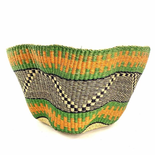 wave-basket-091-foam-green-orange-bolga-woven-bashiri-3 Front view of the green and orange bolga wave basket on a white background