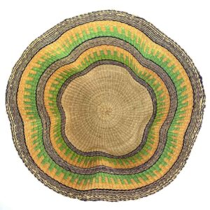 wave-basket-092-surf-green-yellow-bolga-african-basket-bashiri-2 Top-down view inside the green and yellow bolga wave basket, showing the coiled base