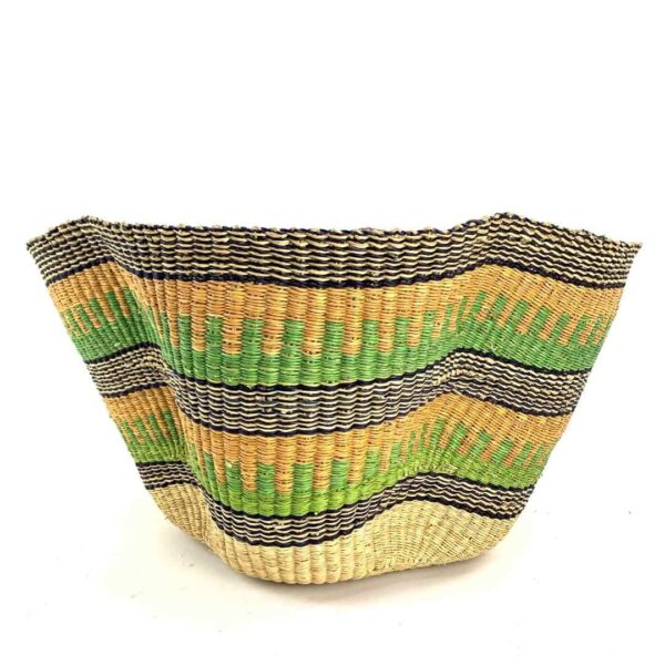 wave-basket-092-surf-green-yellow-bolga-african-basket-bashiri-3 Front view of the green and yellow bolga wave basket on a white background
