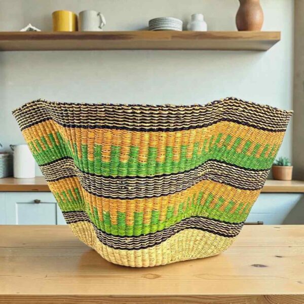 wave-basket-092-surf-green-yellow-bolga-african-basket-bashiri-main Bolga wave basket in green and yellow, handwoven from elephant grass