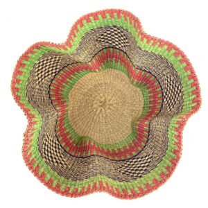 wave-basket-093-hello-pink-green-woven-bolga-bashiri-2 Top-down view inside the pink and green bolga wave basket, showing the coiled base