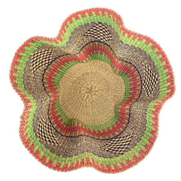 wave-basket-093-hello-pink-green-woven-bolga-bashiri-2 Top-down view inside the pink and green bolga wave basket, showing the coiled base