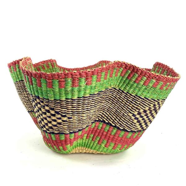 wave-basket-093-hello-pink-green-woven-bolga-bashiri-3 Front view of the pink and green bolga wave basket on a white background